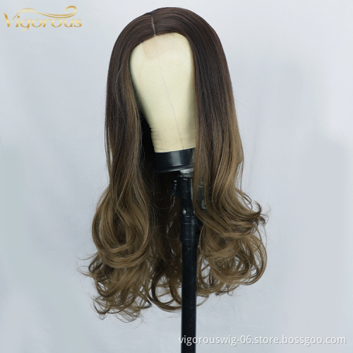ombre brown Long Wavy Wig for women Middle Part Synthetic Lace Wig Heat Resistant Fiber for Daily Party cosplay Use